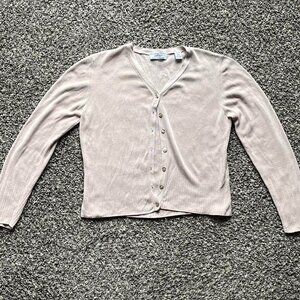 100% Silk Lord & Taylor Cardigan Women Petite Medium Baby Pink/Cream Long Sleeve